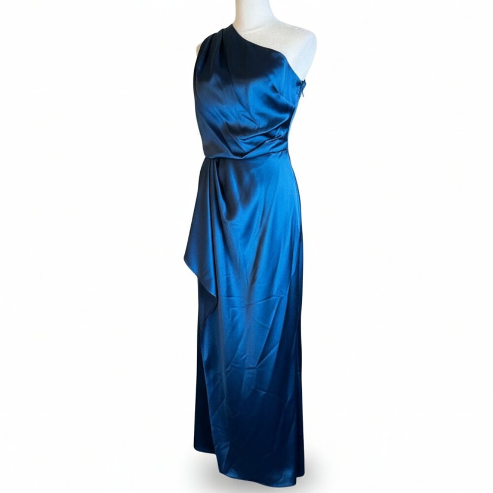 NWT XSCAPE One-Shoulder Satin Gown Ocean Blue Size 6 - Picture 6 of 16